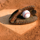 Baseball inside a baseball glove on top of home plate.