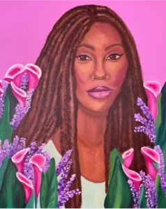 Painting of black woman with loc hair and surrounded by tropical flowers