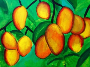 Vibrant painting of hanging mangos