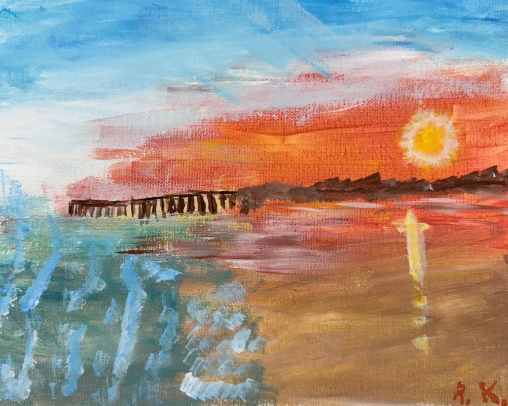 Through Our Eyes painting of a pier at sunset
