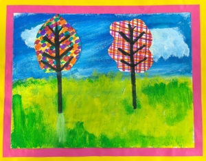 Colorful artwork of 2 trees in a field. 