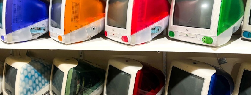 colorful row of iMac g3 computers.