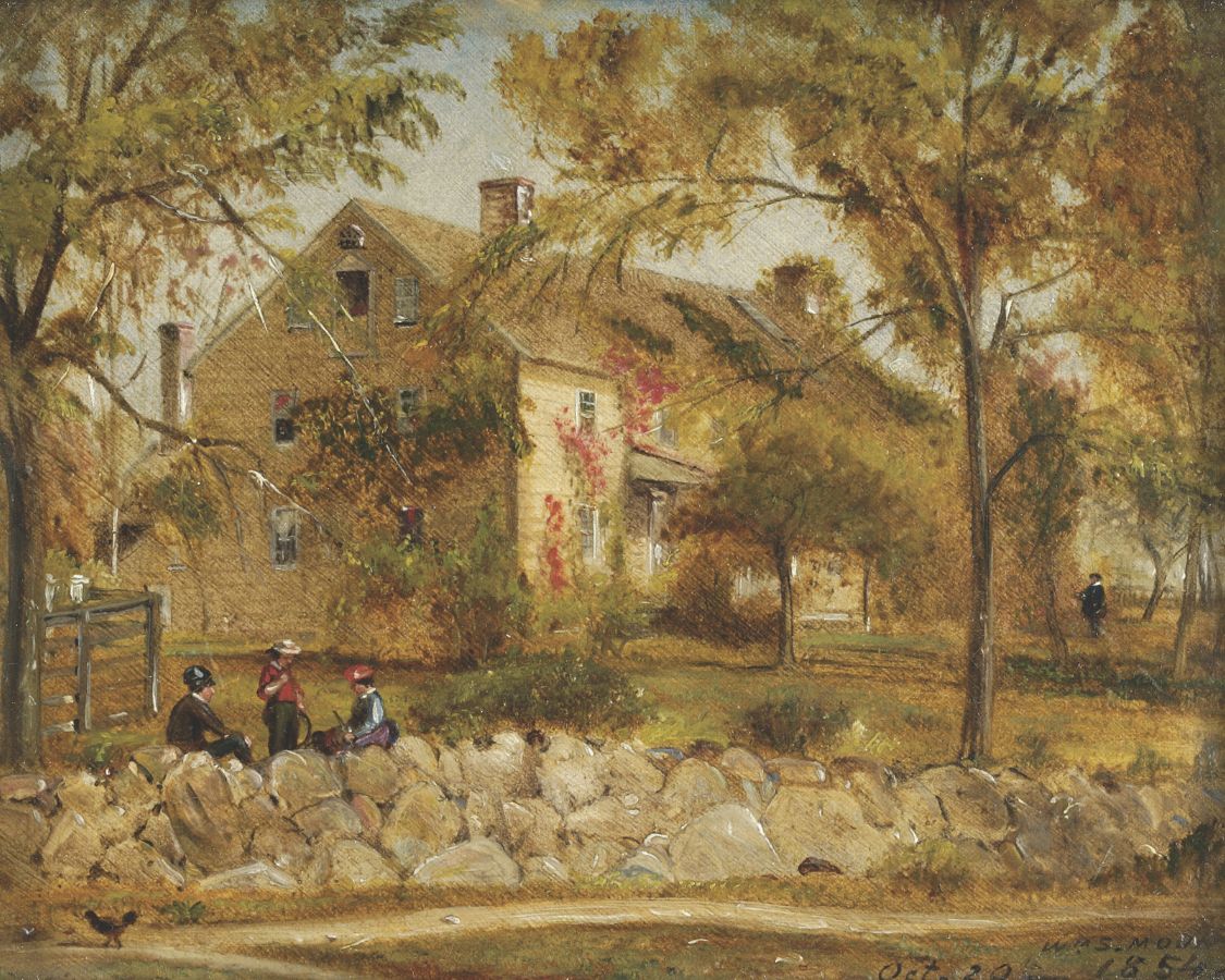 Painting of Hawkins Mount House with people sitting on a stone wall.