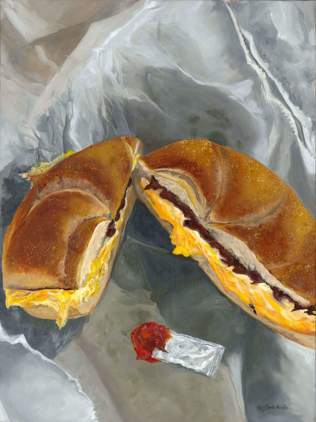 The B.E.C. 24x18 oil on canvas HillarySerotaNeedle painting of a bacon, egg, and cheese sandwich