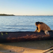 Chenae Bullock (Shinnecock Tribal Citizen) first launching her newly made Mishoon in the Shinnecock Bay